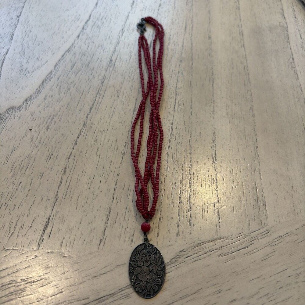 Red Beaded Multi-Strand Medallion Necklace – Ornate Boho Statement 19”L